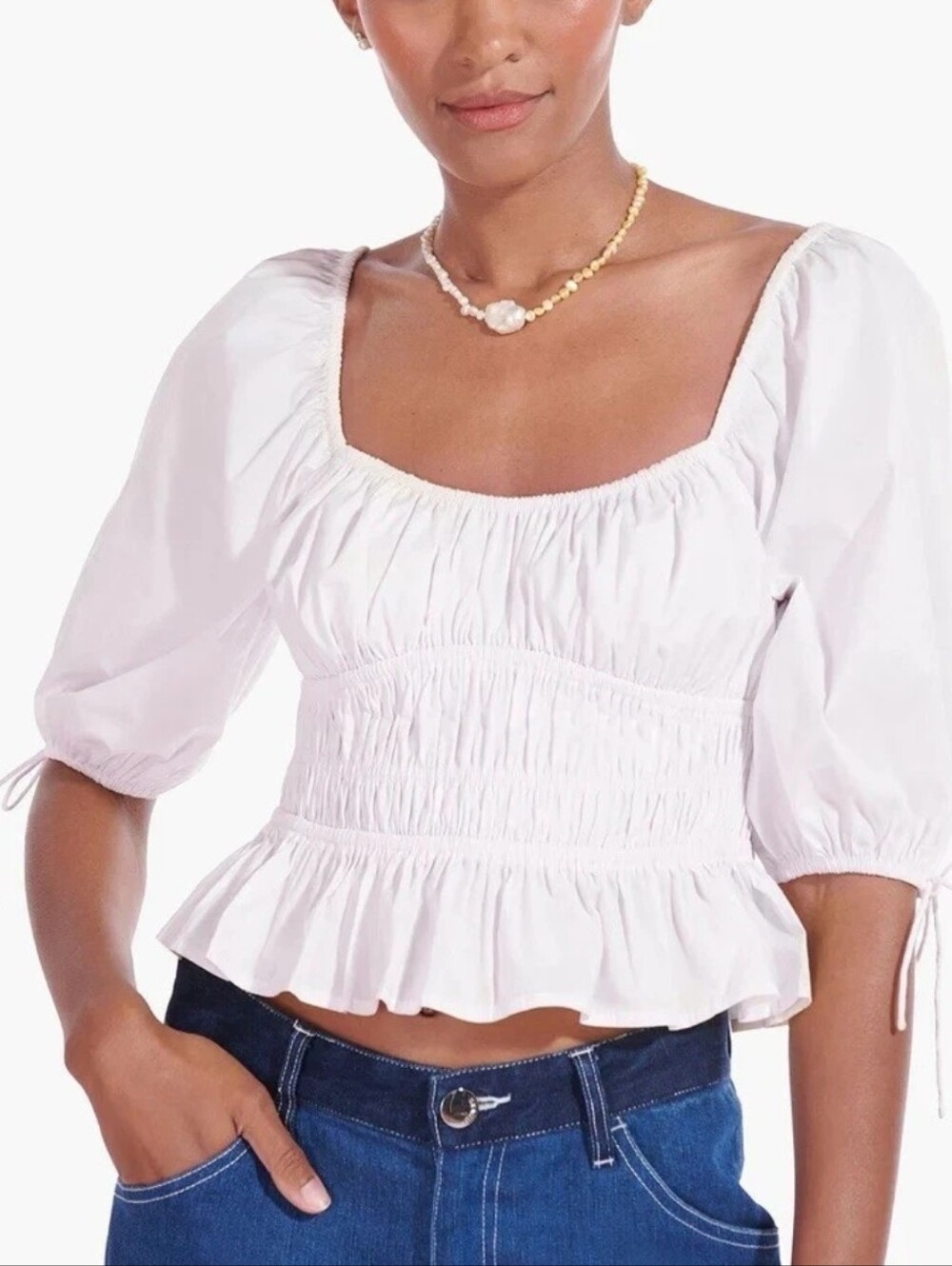 NWT STAUD Faye Gathered Puff-Sleeve Top White 10